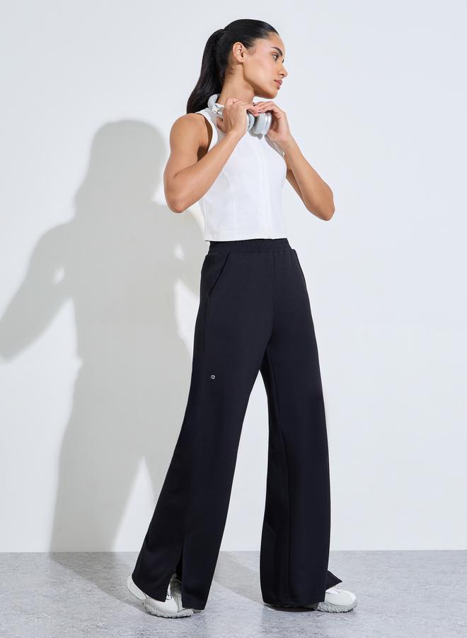 Styli Active Black Solid Wide Leg Side Slit Activewear Pants - Image 2