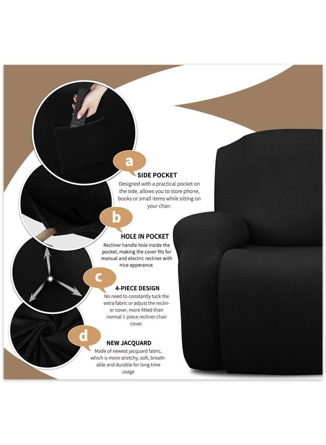 JIVINER 4-Piece Recliner Chair Covers Stretch Jacquard Covers for Recliner Chair Recliner Slipcovers for Living Room Soft Recliner Protector with Pocket (Recliner, Black) - Image 3
