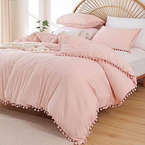 YIRDDEO Full Size Comforter Sets - Full Size Comforter with Ball Pom Fringe, Soft Bedding Set for All Seasons - 3 Pieces, 1 Comforter (79"x90") & 2 Pillow Shams(20"x26"), Blush - Image 1