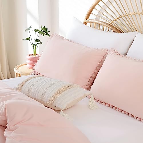 YIRDDEO Full Size Comforter Sets - Full Size Comforter with Ball Pom Fringe, Soft Bedding Set for All Seasons - 3 Pieces, 1 Comforter (79"x90") & 2 Pillow Shams(20"x26"), Blush - Image 5
