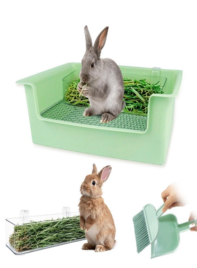 Dmnnlp Rabbit Litter Box with Steel Grids, Low Entry Bunny Litter Pan with Hay Feeder & Broom, 15.4x11.2x4.7 inch for Rabbits Guinea Pigs Ferrets Small Animals (Green) - Image 1