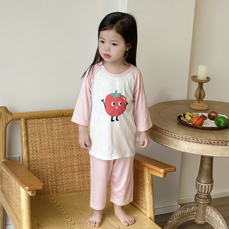Children'S Summer Ice Silk Home Clothes For Boys And Girls Seven-Point Sleeve Suit Soft Skin-Friendly Baby Pajamas - Image 5