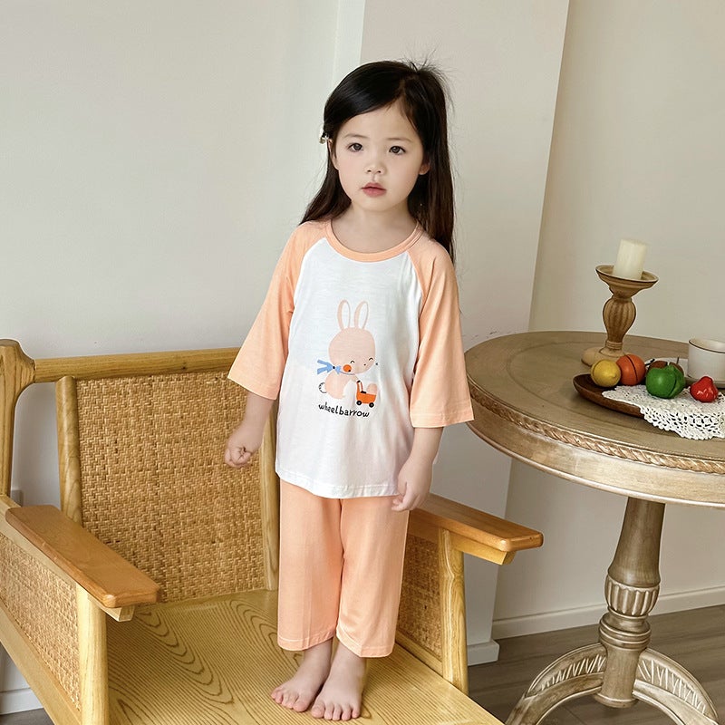 Children'S Summer Ice Silk Home Clothes For Boys And Girls Seven-Point Sleeve Suit Soft Skin-Friendly Baby Pajamas - Image 4
