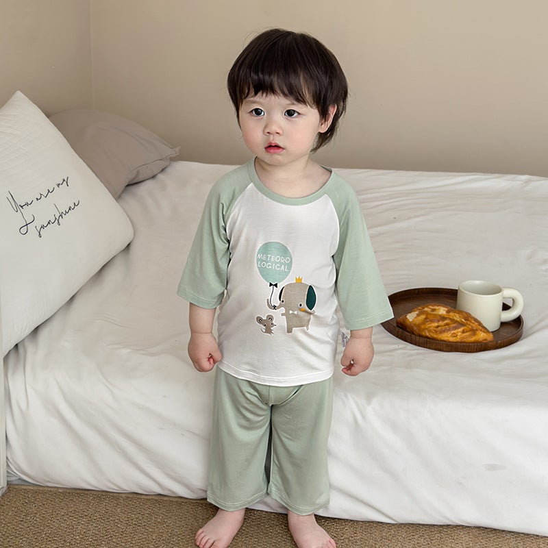 Children'S Summer Ice Silk Home Clothes For Boys And Girls Seven-Point Sleeve Suit Soft Skin-Friendly Baby Pajamas - Image 3