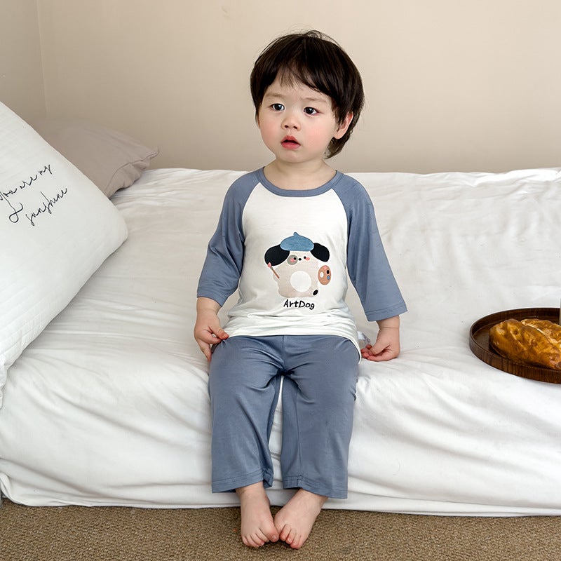 Children'S Summer Ice Silk Home Clothes For Boys And Girls Seven-Point Sleeve Suit Soft Skin-Friendly Baby Pajamas - Image 2