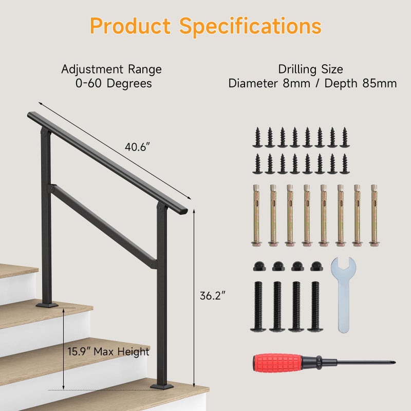 Dovov Hand Rails for Outdoor Steps, 2-5 Steps Wrought Iron Handrails for Outdoor Steps, Stair Railing for Porch, Home, Garden, Indoor, Staircase Handrails for Wooden, Cement, Brick, Marble (3 Steps) - Image 3