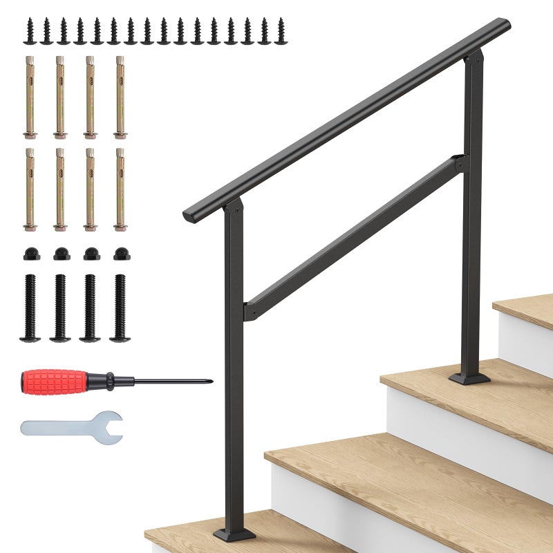 Dovov Hand Rails for Outdoor Steps, 2-5 Steps Wrought Iron Handrails for Outdoor Steps, Stair Railing for Porch, Home, Garden, Indoor, Staircase Handrails for Wooden, Cement, Brick, Marble (3 Steps) - Image 1