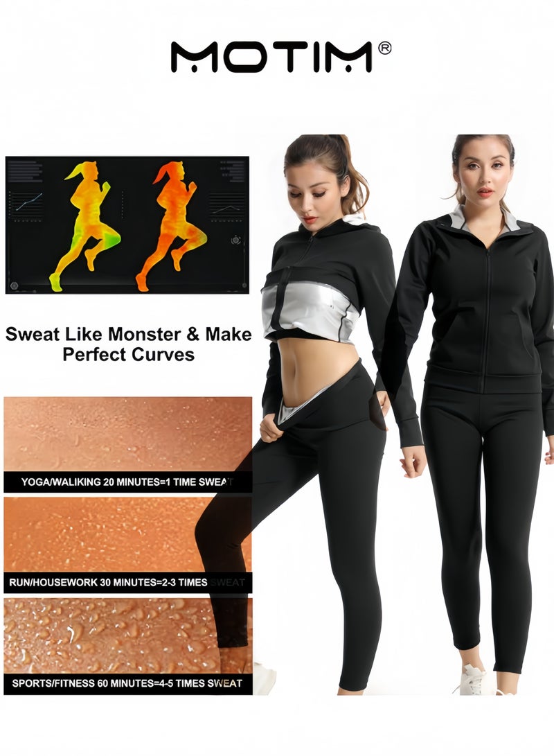 موتيم بدلة ساونا للنساء لفقدان الوزن بدلة ساونا حبس الحرارة مع سحاب سويت سوت جاكيت وسروال للتمارين الرياضية - Image 3