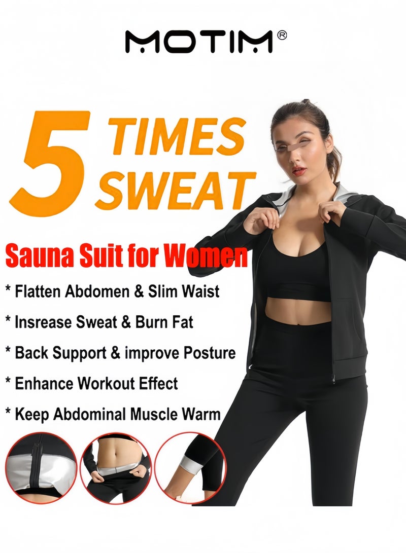 موتيم بدلة ساونا للنساء لفقدان الوزن بدلة ساونا حبس الحرارة مع سحاب سويت سوت جاكيت وسروال للتمارين الرياضية - Image 2