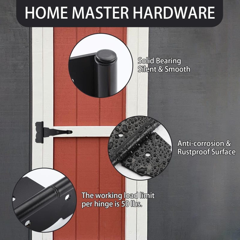 HOME MASTER HARDWARE 8 in Heavy Duty Decorative T Strap Hinge Shed Storage Gate Barns Tee Hinges with Screws Black Finish 6 Pack - Image 2