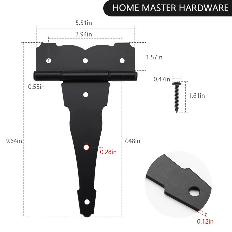 HOME MASTER HARDWARE 8 in Heavy Duty Decorative T Strap Hinge Shed Storage Gate Barns Tee Hinges with Screws Black Finish 6 Pack - Image 5