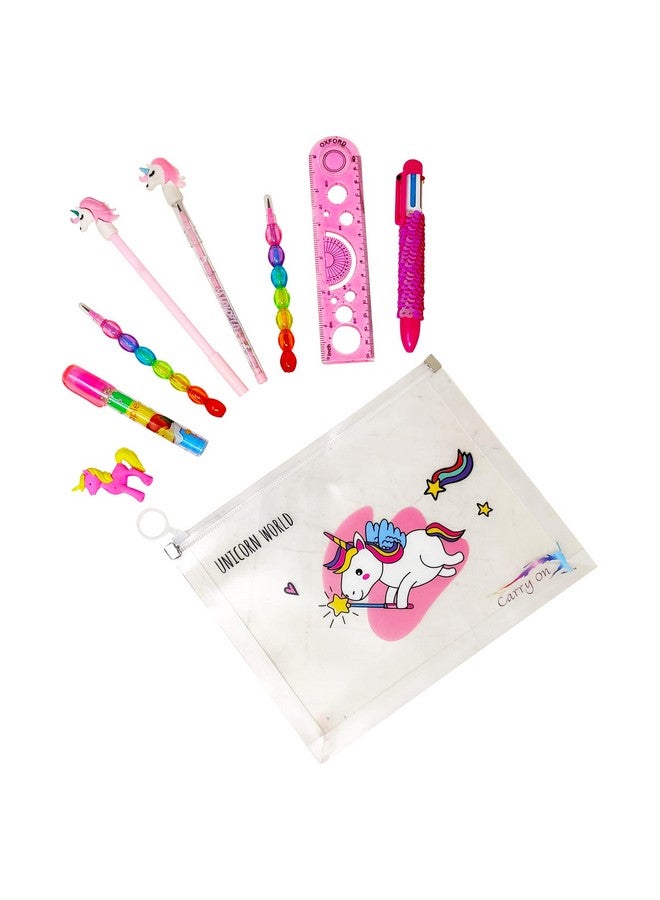 PARTEET Transparent Unicorn Pouch with 1 Pouch, 1 Sequin Pen, 1 Unicorn Pen, 1 Unicorn Pencil, 2 Stack, 1 Unicorn Eraser, 1 Pen Type Eraser, 1 Scale - Image 1