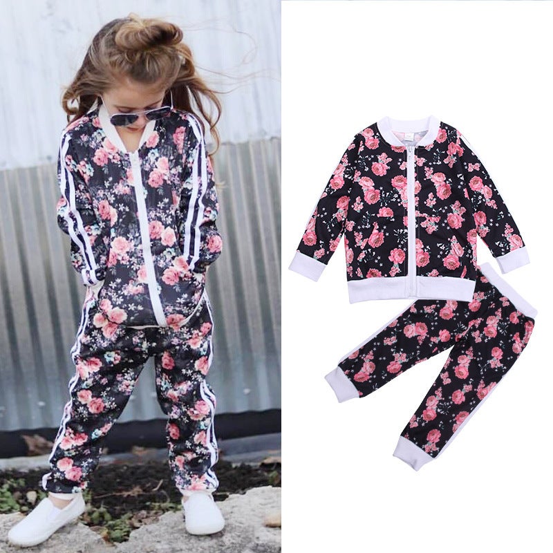 INS popular children's clothing European and American cross-border special for autumn girls fashion rose casual suit yinhua 100 - Image 2