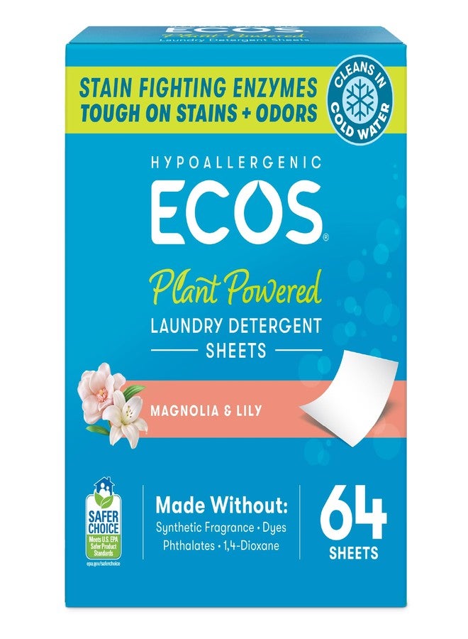 ECOS Laundry Detergent Sheets Vegan, No Plastic Jug, No Mess & Liquid Free - Laundry Sheet in Washer - Hypoallergenic, Plant Powered Laundry Detergent Sheet - Magnolia & Lily - 64 Sheets (Pack of 1) - Image 1