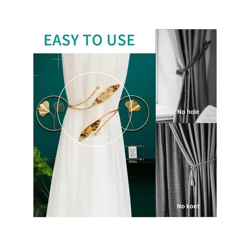 SOLARAE Curtain Tie Backs, 4 Pieces Leaf Shape Curtain Holdbacks Adjustable Decorative Alloy Curtain Straps Curtain Clip Buckle, No Punching Curtain Ties for Home, Office, Hotel Window (Golden) - Image 2