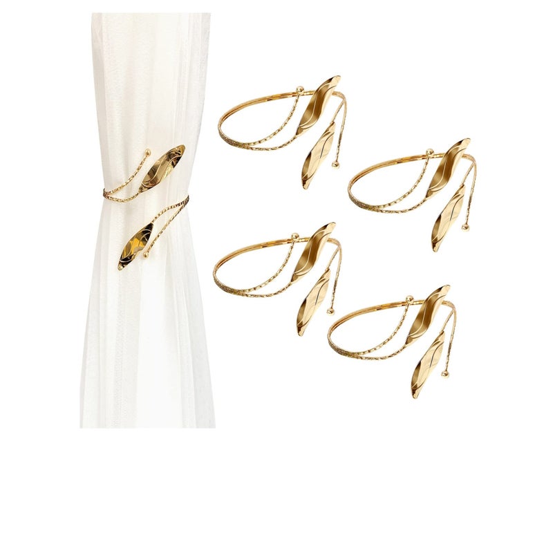 SOLARAE Curtain Tie Backs, 4 Pieces Leaf Shape Curtain Holdbacks Adjustable Decorative Alloy Curtain Straps Curtain Clip Buckle, No Punching Curtain Ties for Home, Office, Hotel Window (Golden) - Image 1