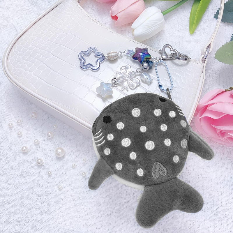 Nalefow Cute Keychain Whale Shark Coin Purse Keychain Cute Plush Zipper Change Pouch, Kawaii Handmade Wallet for Women (Grey) - Image 2