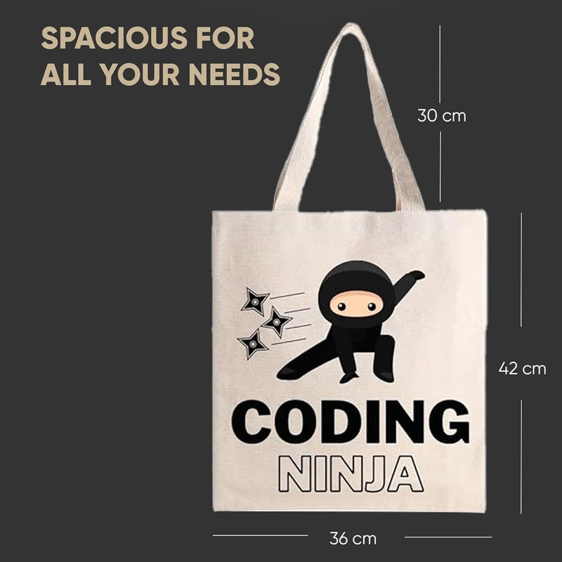 STRUTT حقيبة قماش قابلة للطي للنساء، حقيبة للطالبات الجامعيات، حقيبة تسوق قابلة لإعادة الاستخدام من قطن عضوي 100%، حقيبة متعددة الأغراض صديقة للبيئة للسفر والاستخدام اليومي - كودينغ نينجا - Image 4