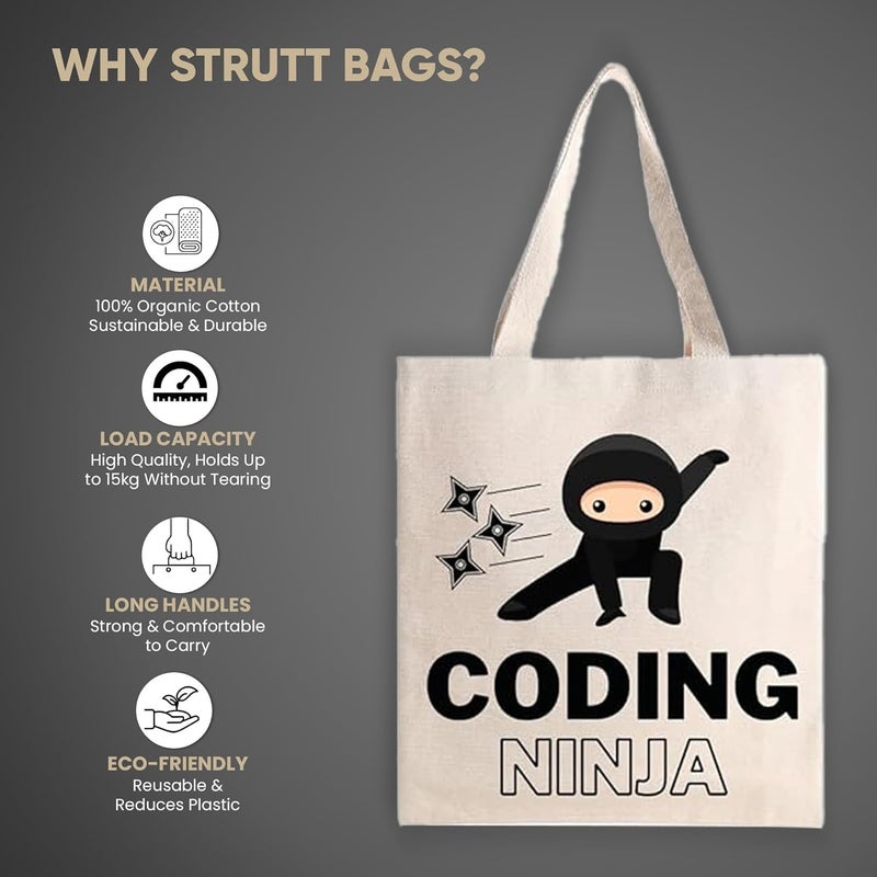 STRUTT حقيبة قماش قابلة للطي للنساء، حقيبة للطالبات الجامعيات، حقيبة تسوق قابلة لإعادة الاستخدام من قطن عضوي 100%، حقيبة متعددة الأغراض صديقة للبيئة للسفر والاستخدام اليومي - كودينغ نينجا - Image 2