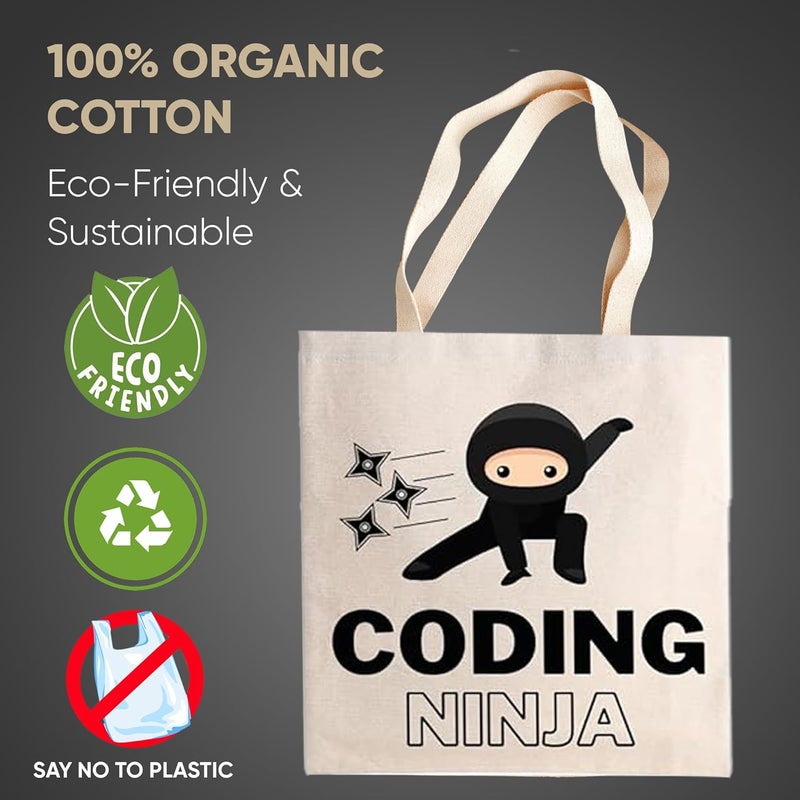 STRUTT حقيبة قماش قابلة للطي للنساء، حقيبة للطالبات الجامعيات، حقيبة تسوق قابلة لإعادة الاستخدام من قطن عضوي 100%، حقيبة متعددة الأغراض صديقة للبيئة للسفر والاستخدام اليومي - كودينغ نينجا - Image 5