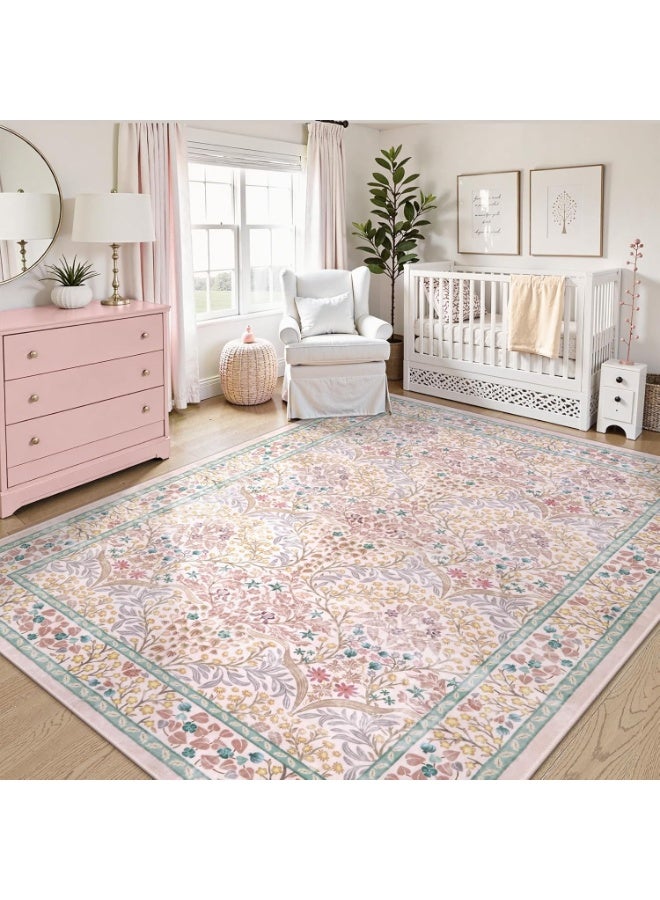 Arabest Floral Washable Rugs 160*230cm, Soft 160*230cmArea Rugs for Living Room Bedroom, Boho Non-Slip Pink Forest Design Large Throw Carpet for Farmhouse Dining Room Office Giverny, Pink - Image 2