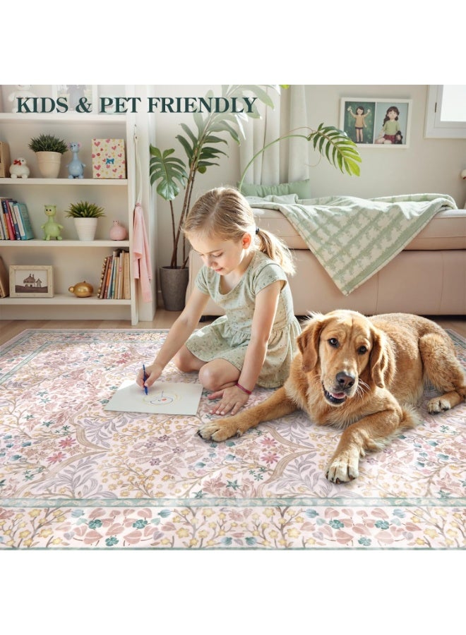 Arabest Floral Washable Rugs 160*230cm, Soft 160*230cmArea Rugs for Living Room Bedroom, Boho Non-Slip Pink Forest Design Large Throw Carpet for Farmhouse Dining Room Office Giverny, Pink - Image 5