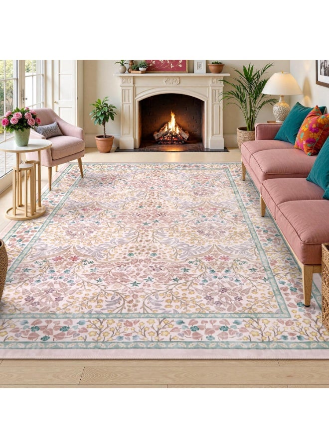 Arabest Floral Washable Rugs 160*230cm, Soft 160*230cmArea Rugs for Living Room Bedroom, Boho Non-Slip Pink Forest Design Large Throw Carpet for Farmhouse Dining Room Office Giverny, Pink - Image 1