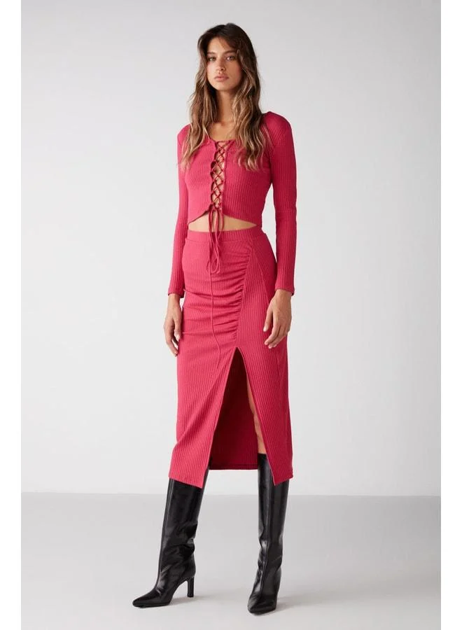 Ethiquet Anastacia Women's Pleated Elastic Fabric Draped Ruffled Asymmetric Slit Body-Hugging Fuchsia Skirt.