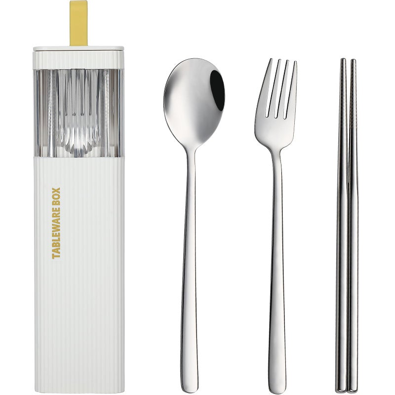 DEVICO Travel Utensils with Case, Stainless Steel Reusable Camping Silverware Set for Lunch Box, Portable Cutlery Kit Includes Fork, Spoon, Chopsticks (White) - Image 1