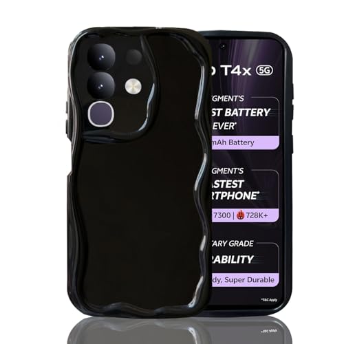 KC Back Cover for Vivo T4x 5G / iQOO Z10x 5G - 3D New Curly Wave Frame Shape Shockproof Bumper Soft Silicone Case with Camera Protection (Black) - Image 1