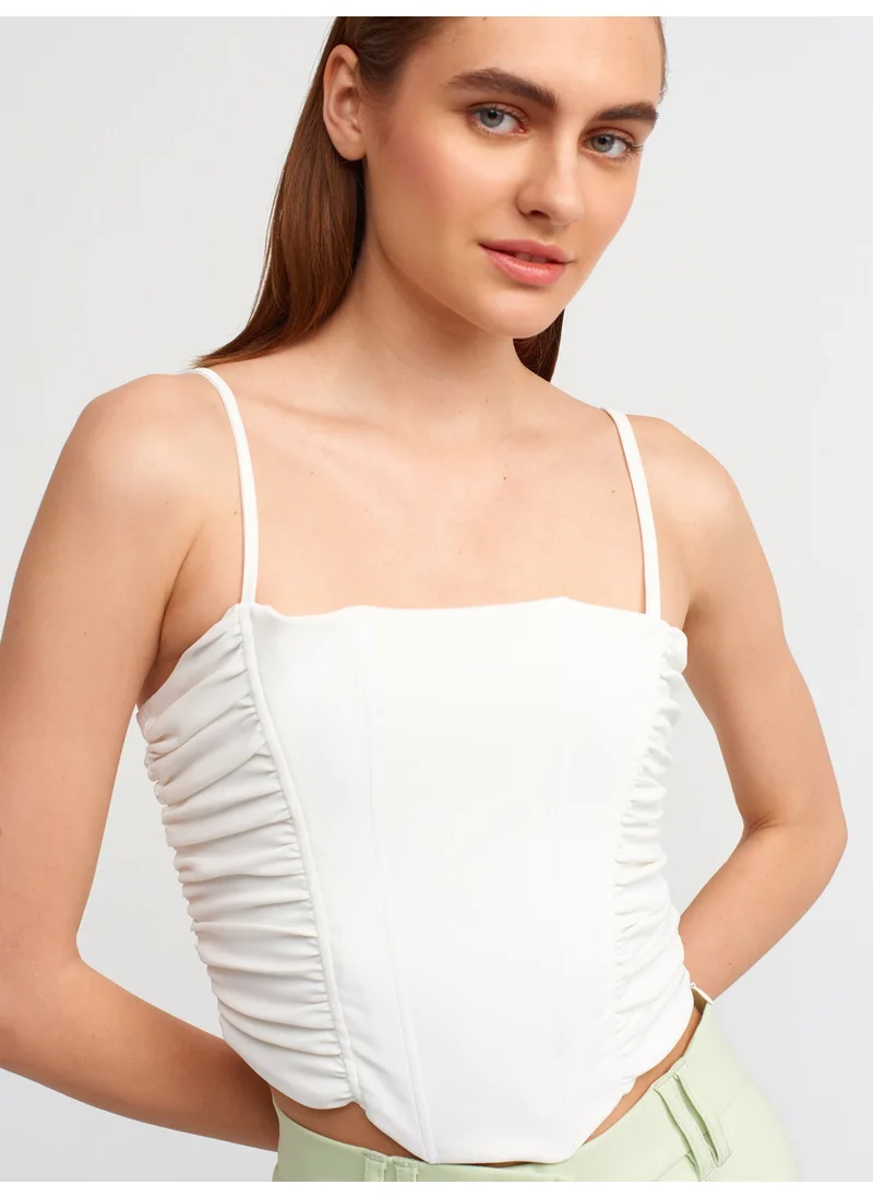 Dilvin 20129 Pleated Detailed Crop Top-Ecru
