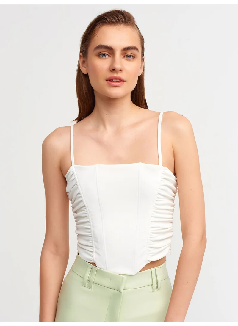 Dilvin 20129 Pleated Detailed Crop Top-Ecru