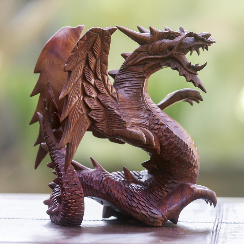 نوفيكا نوفكا اليد المنحوتة Suar Wood Fantasy موضوع النحت 6 "" طويل القامة "التنين المجنح" - Image 5