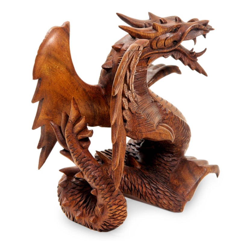 نوفيكا نوفكا اليد المنحوتة Suar Wood Fantasy موضوع النحت 6 "" طويل القامة "التنين المجنح" - Image 3