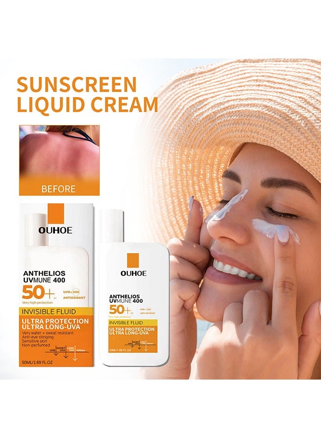OUHOE Invisible Fluid Sunscreen Liquid Cream, Sunscreen Skin Care Waterproof Strong UV Protection Hydrating Cream SPF 50+ For Women Men 50ml