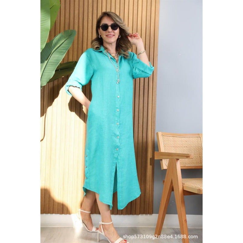 Europe and the United States cross-border foreign trade shirt-breasted dress hollow lace linen dress plus size casual dress lake blue - Image 1