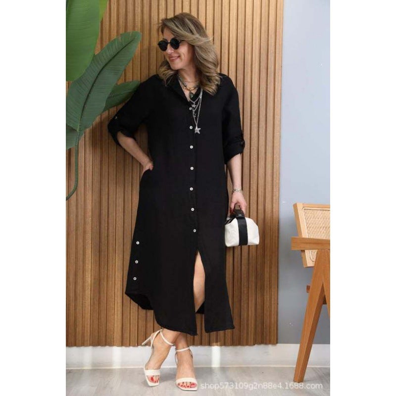 Europe and the United States cross-border foreign trade shirt-breasted dress hollow lace linen dress plus size casual dress lake blue - Image 3