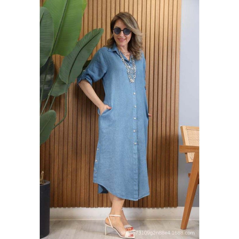Europe and the United States cross-border foreign trade shirt-breasted dress hollow lace linen dress plus size casual dress lake blue - Image 2