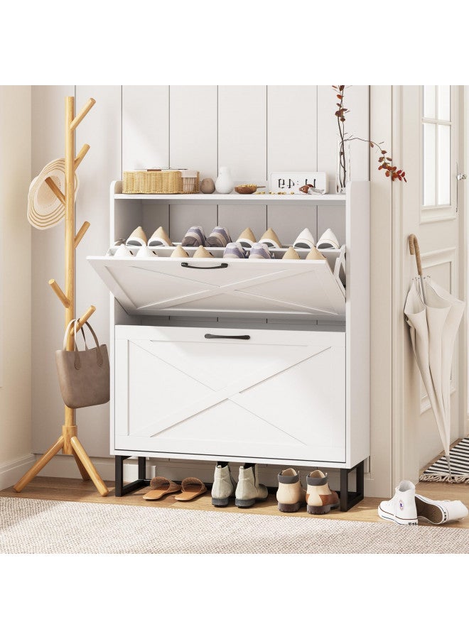 Maupvit Maupvit Shoe Cabinet with 2 Flip Drawers, Freestanding Shoe Cabinet Organizer with Metal Legs, Shoes Storage Cabinet for Entryway, Narrow Shoe Rack Cabinet, White  - Image 1