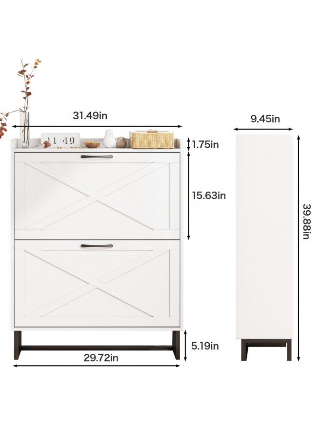 Maupvit Maupvit Shoe Cabinet with 2 Flip Drawers, Freestanding Shoe Cabinet Organizer with Metal Legs, Shoes Storage Cabinet for Entryway, Narrow Shoe Rack Cabinet, White  - Image 2