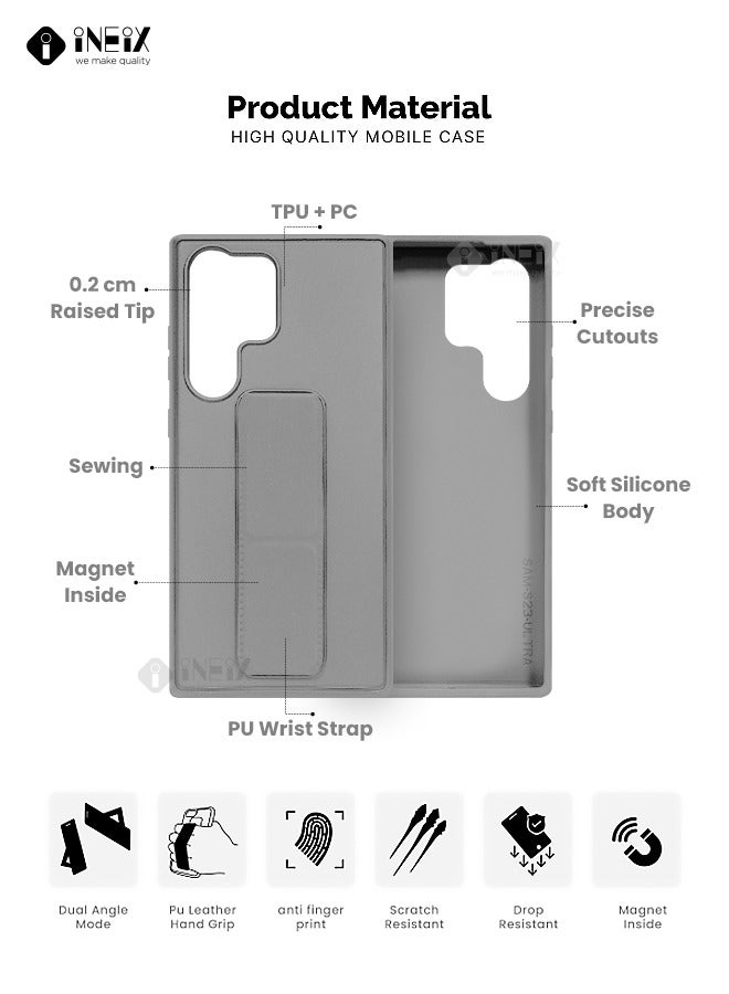 INEIX 3-in-1 Magnetic Wrist Strap Hand Grip with Stand Case Cover for Samsung Galaxy S23 Ultra-Gray - Image 2