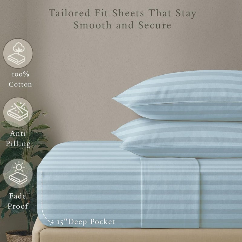 Threadmill 500 Thread Count Queen Size Damask Stripe, 4 Pc Luxury Cotton Bedding Set, Silky Smooth Light Blue Sheets with 16" Elasticized Deep Pocket, 2 Pillowcases & Free Tote Bag - Image 5