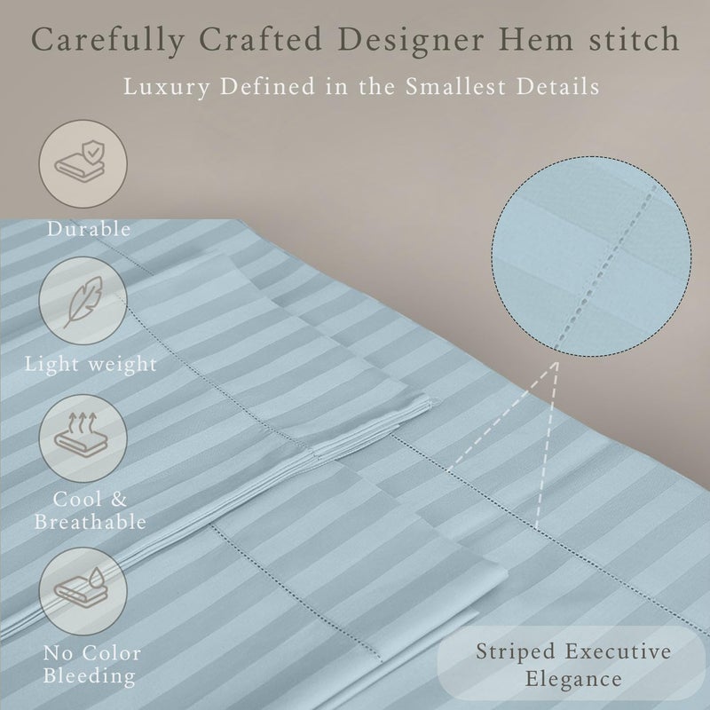 Threadmill 500 Thread Count Queen Size Damask Stripe, 4 Pc Luxury Cotton Bedding Set, Silky Smooth Light Blue Sheets with 16" Elasticized Deep Pocket, 2 Pillowcases & Free Tote Bag - Image 4