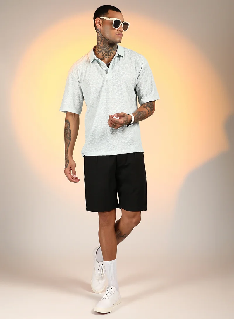 Campus Sutra Men's Baby Blue Rhombus-Textured Polo T-Shirt