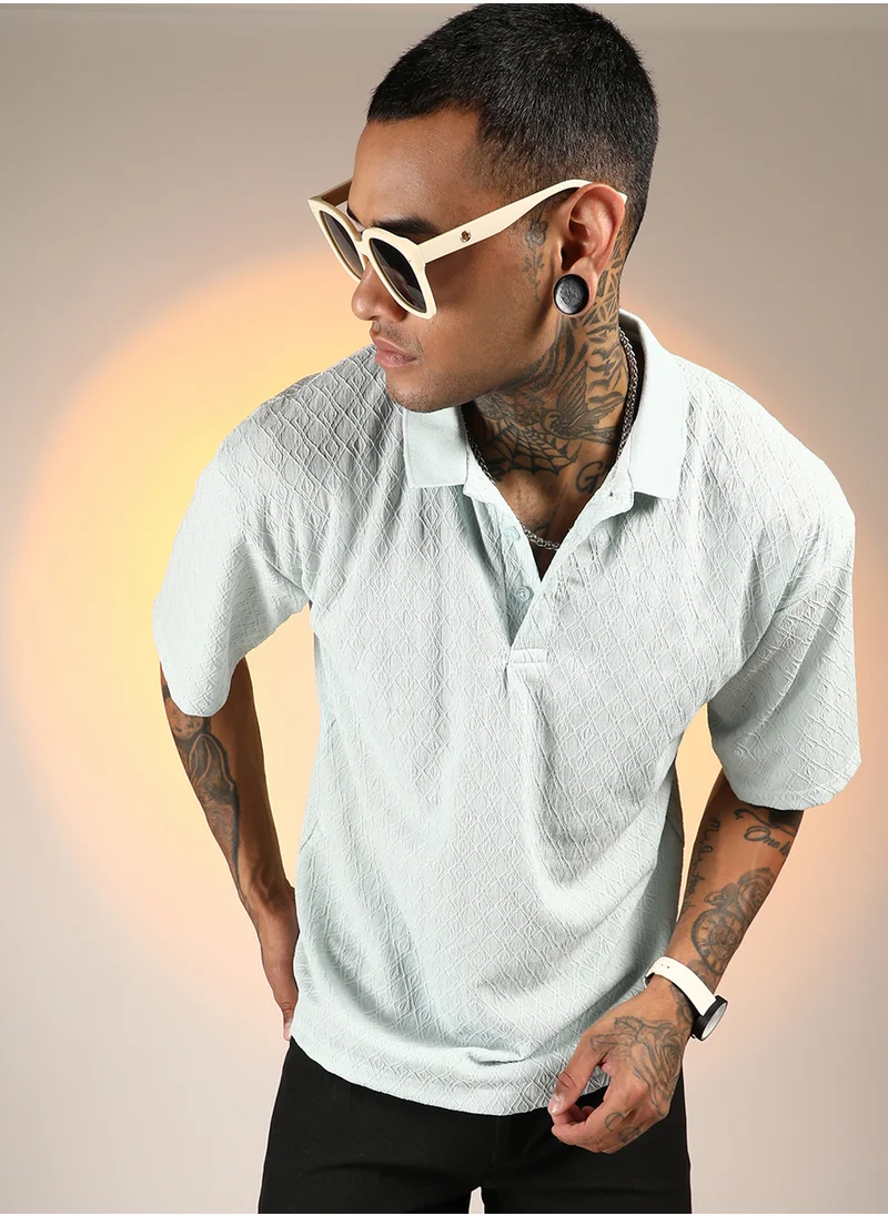Campus Sutra Men's Baby Blue Rhombus-Textured Polo T-Shirt