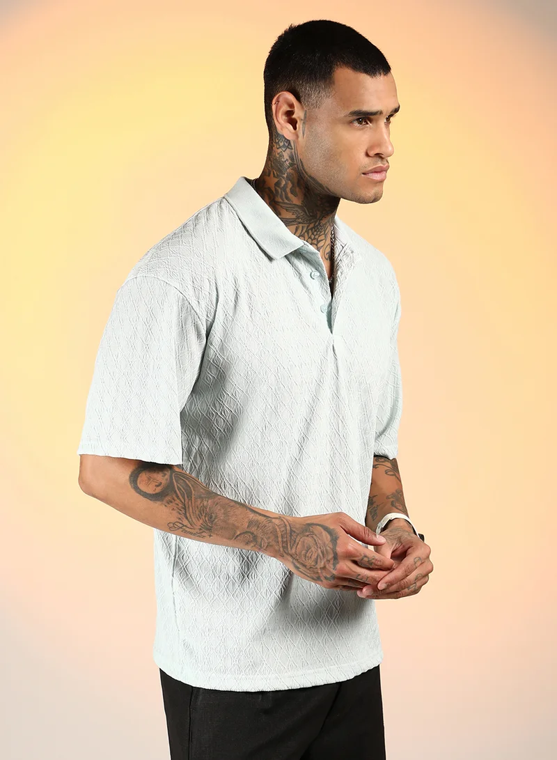 Campus Sutra Men's Baby Blue Rhombus-Textured Polo T-Shirt