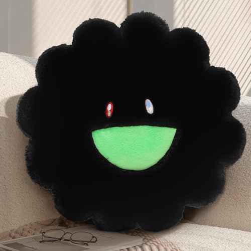 SHINUOER Flower Pillow,Colorful Flower Shaped Throw Pillow,Smiley Face Floor Cushions,Cute Sunflower Plush Pillows, Black Decorative Pillows for Bed,Couch,Sofa,Car (Black,15.7In) - Image 1