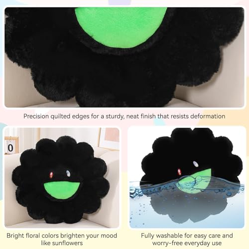 SHINUOER Flower Pillow,Colorful Flower Shaped Throw Pillow,Smiley Face Floor Cushions,Cute Sunflower Plush Pillows, Black Decorative Pillows for Bed,Couch,Sofa,Car (Black,15.7In) - Image 3