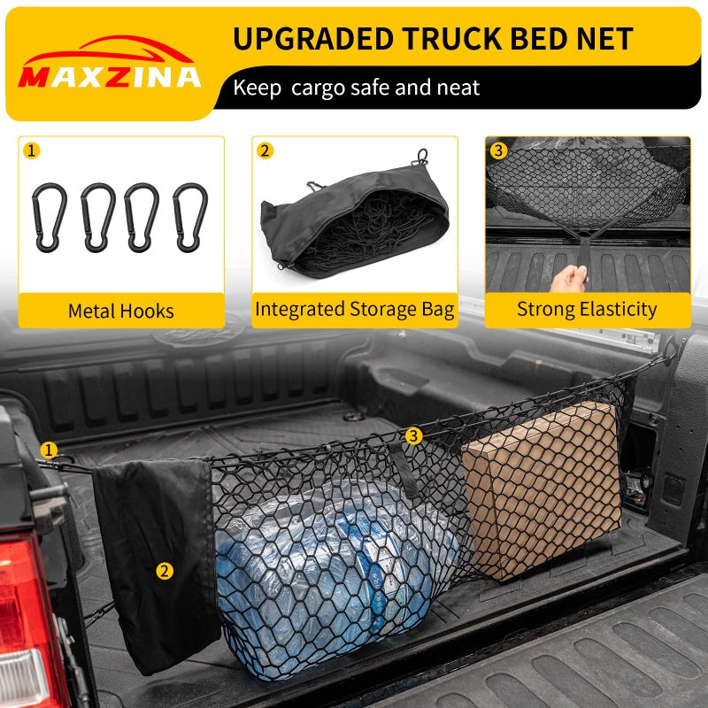 Maxzina Cargo Net Compatible with 2022-2025 Ford Maverick Truck Bed Cargo Net with Storage Bag 3.28'  1.15' Double Layer Envelope Style Dense Mesh Trunk Organizer for 2024 Maverick Exterior Accessories - Image 3