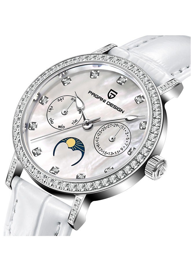 PAGANI DESIGN Women's Quartz Watches, Fashionable And Elegant, Silver-White Dial, Leather Strap PD1789 White - Image 2